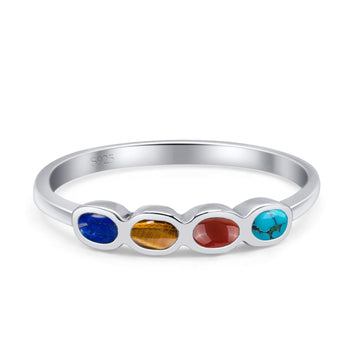Four Stone Petite Dainty Fashion Thumb Ring Round Simulated Multi Stones 925 Sterling Silver